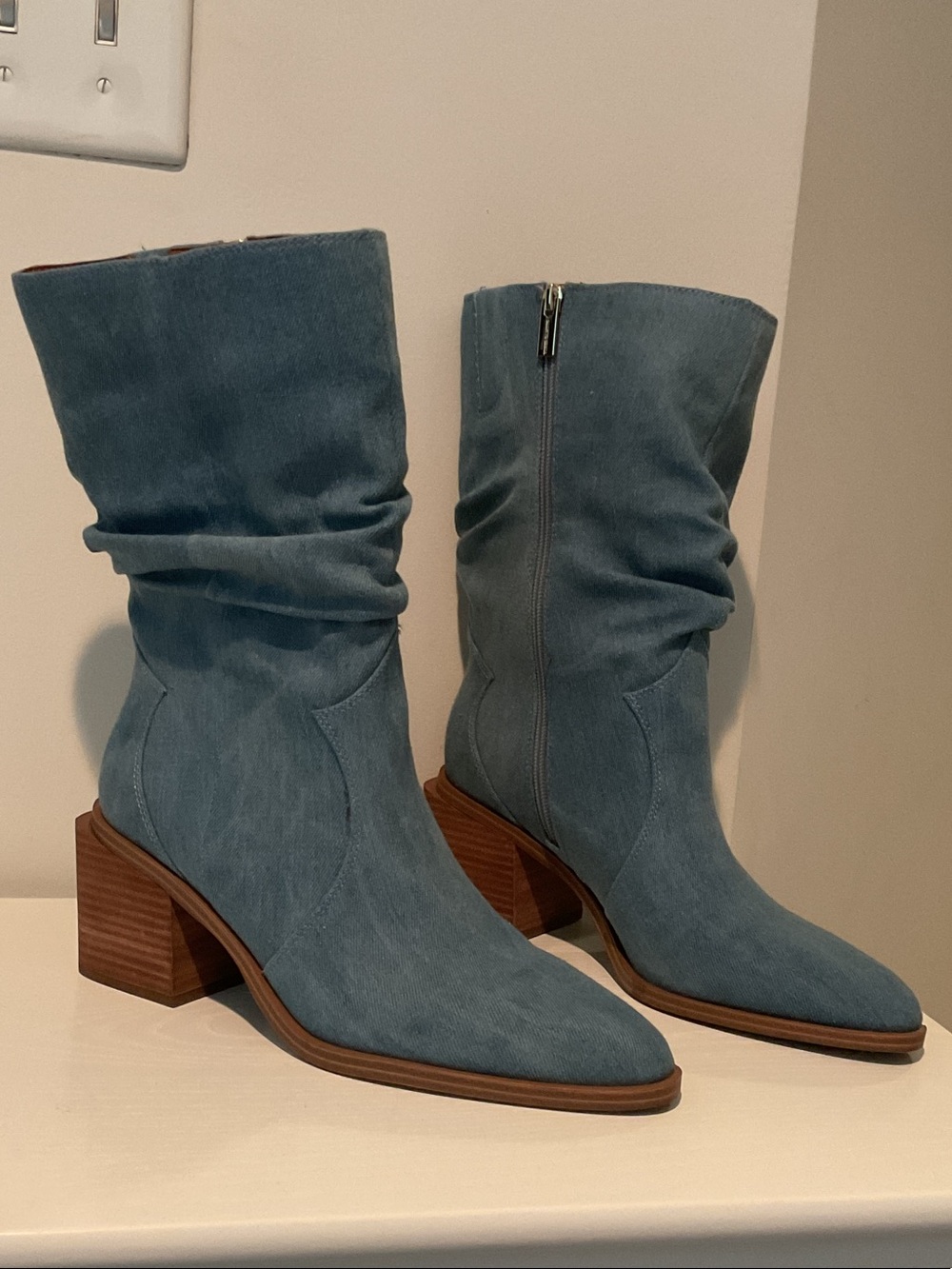 Vince Camuto Dusty Blue Suede Slouched Mid-Calf Block Heel Boots